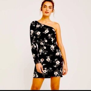 Floral One-Shoulder Black Dress